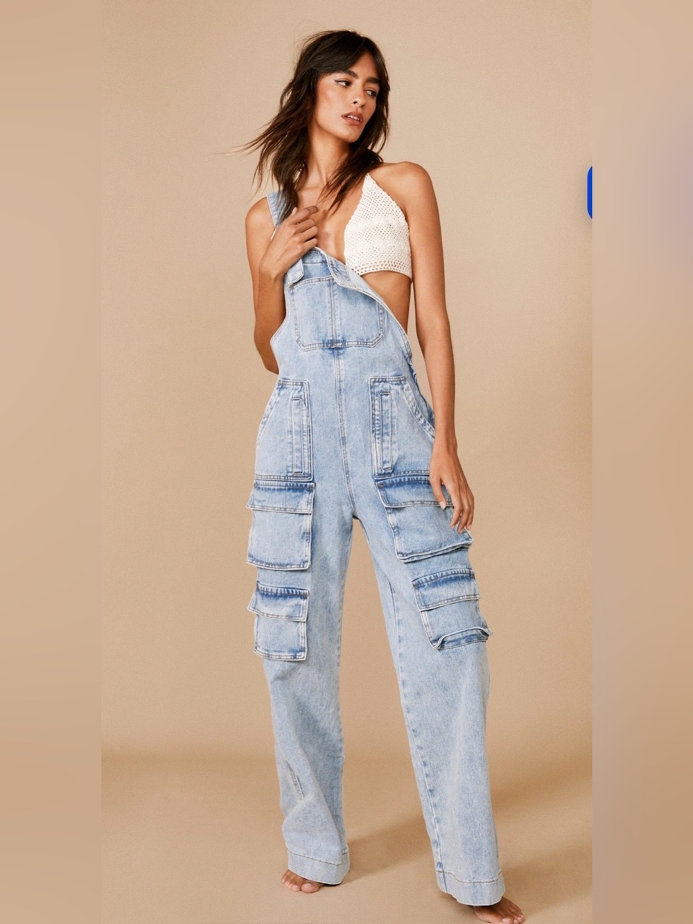 NWT Nasty Gal Denim Utility Cargo Overalls Dungarees Blue Wide Leg Size 8